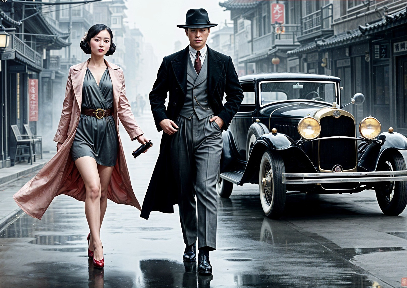 Stylish Couple on Vintage Street with Classic Car