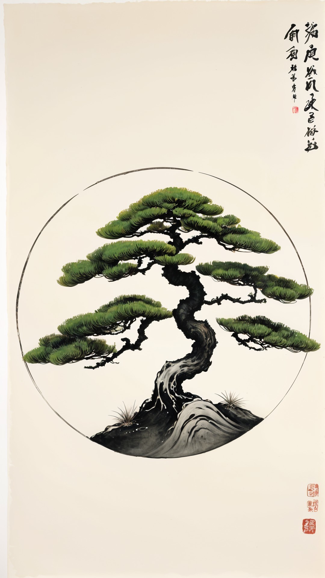 Elegant Pine Tree with Chinese Calligraphy Artwork