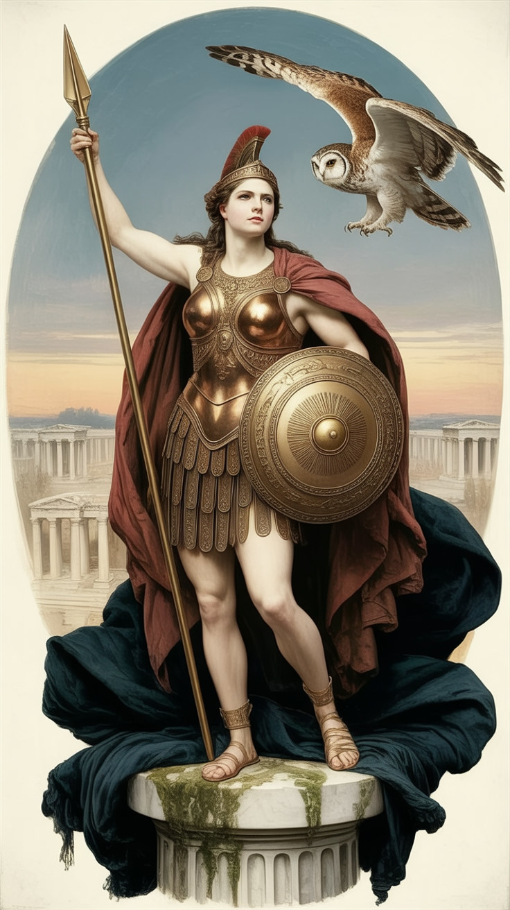 Armored Female Warrior on Column with Owl and Pillars