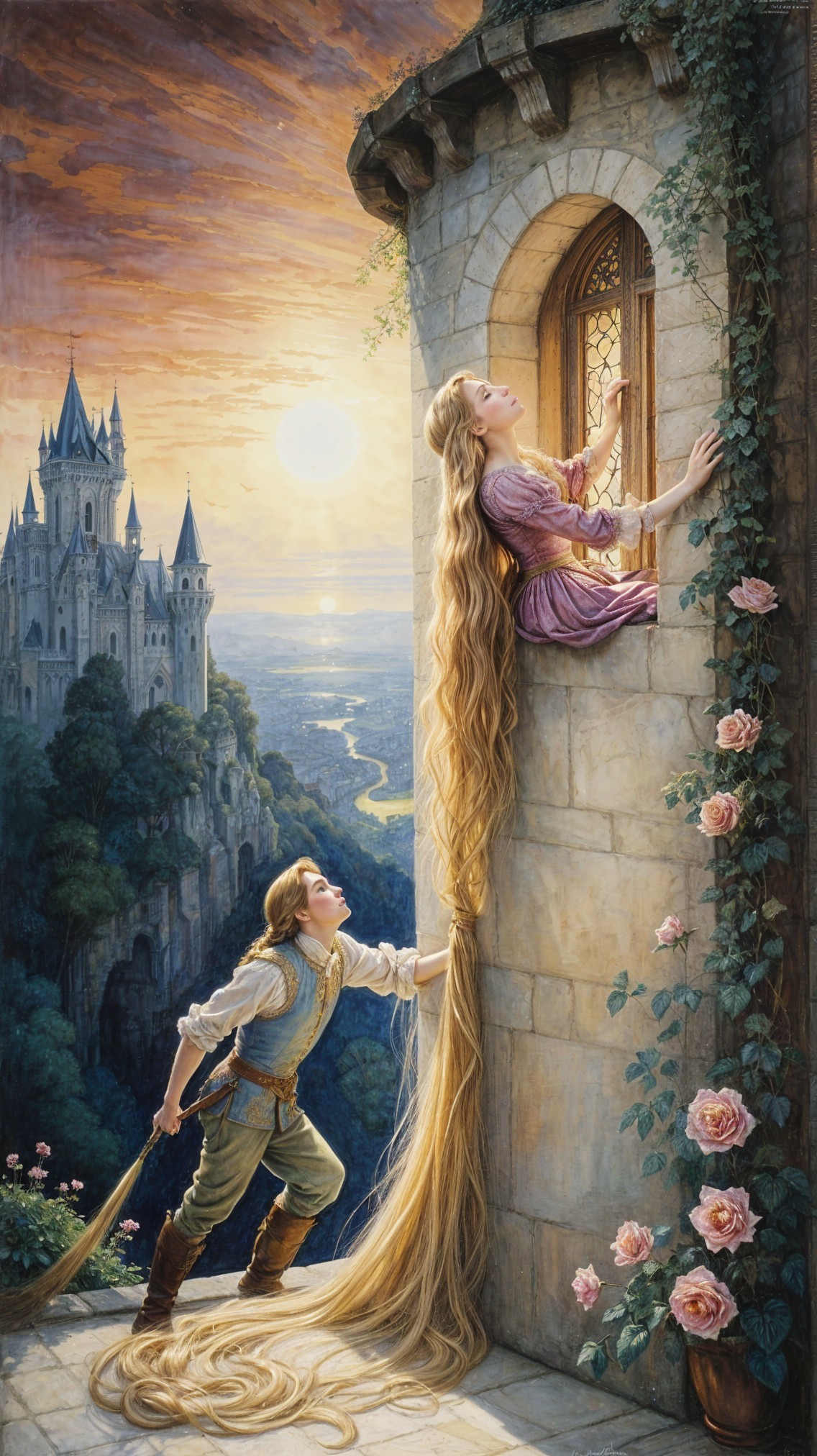 Fairy Tale Scene of Girl in Castle Tower at Sunset