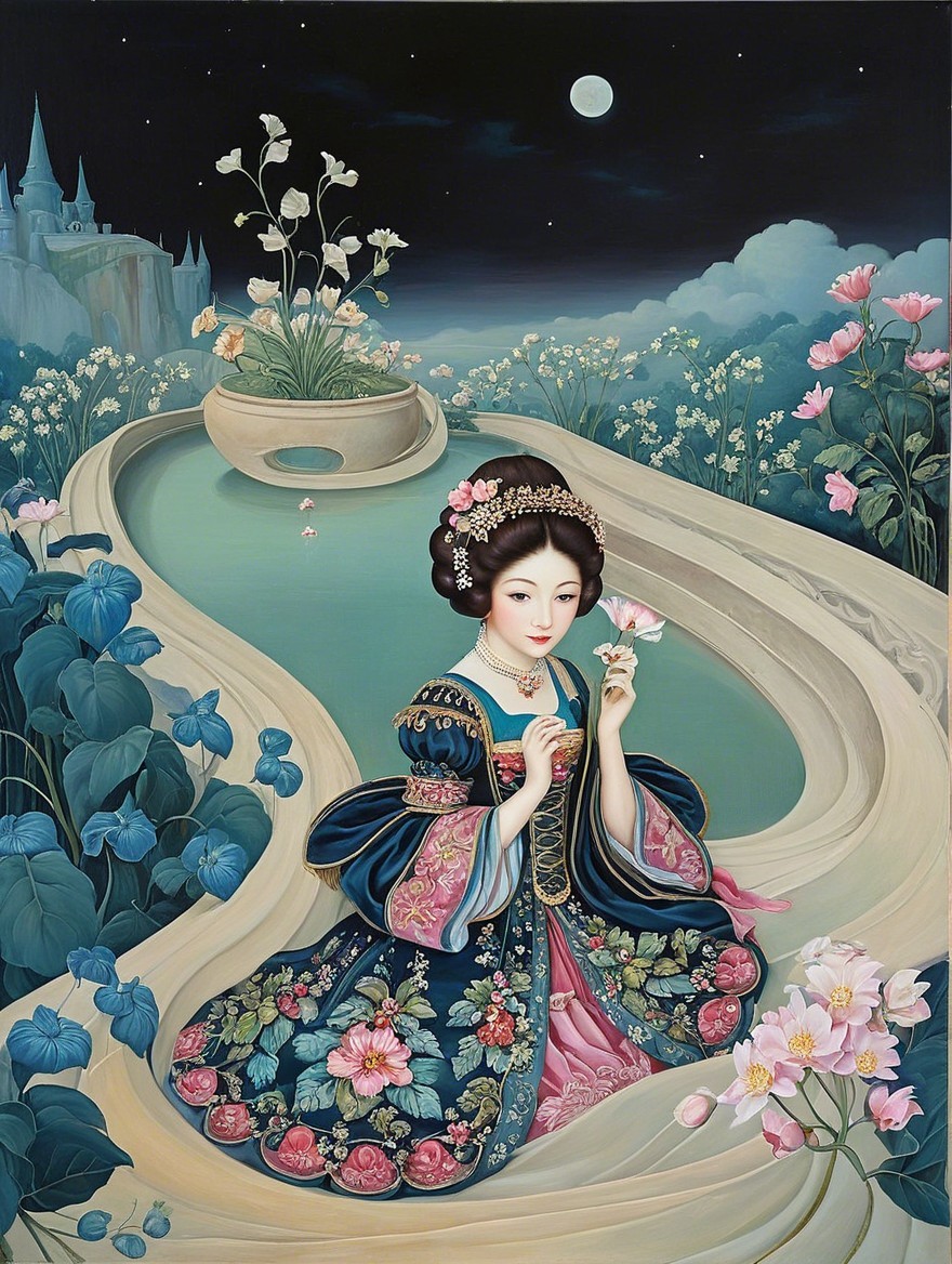Serene Night Scene with Floral Gown and Waterway