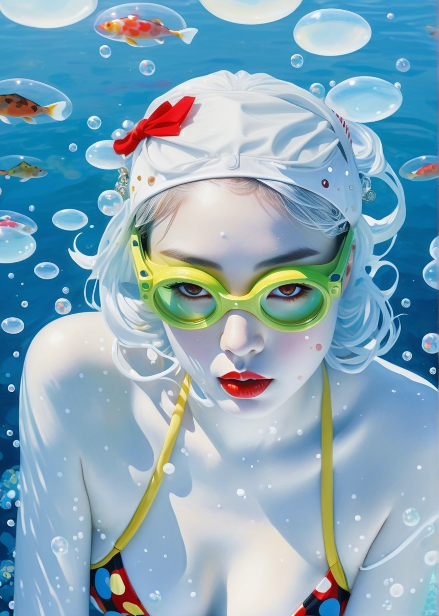 Vibrant Underwater Scene with Young Woman and Fish