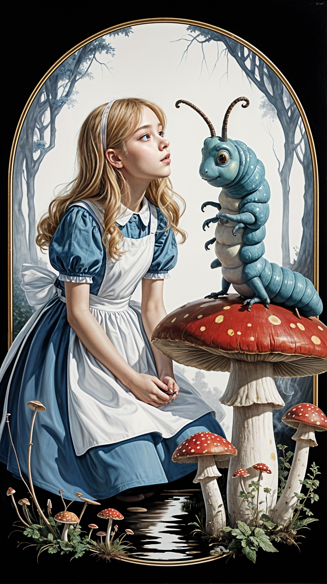 Young girl in blue dress observes blue caterpillar on mushroom