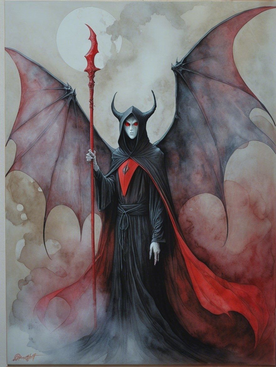 Dark Figure with Cloak and Bat-like Wings in Mist