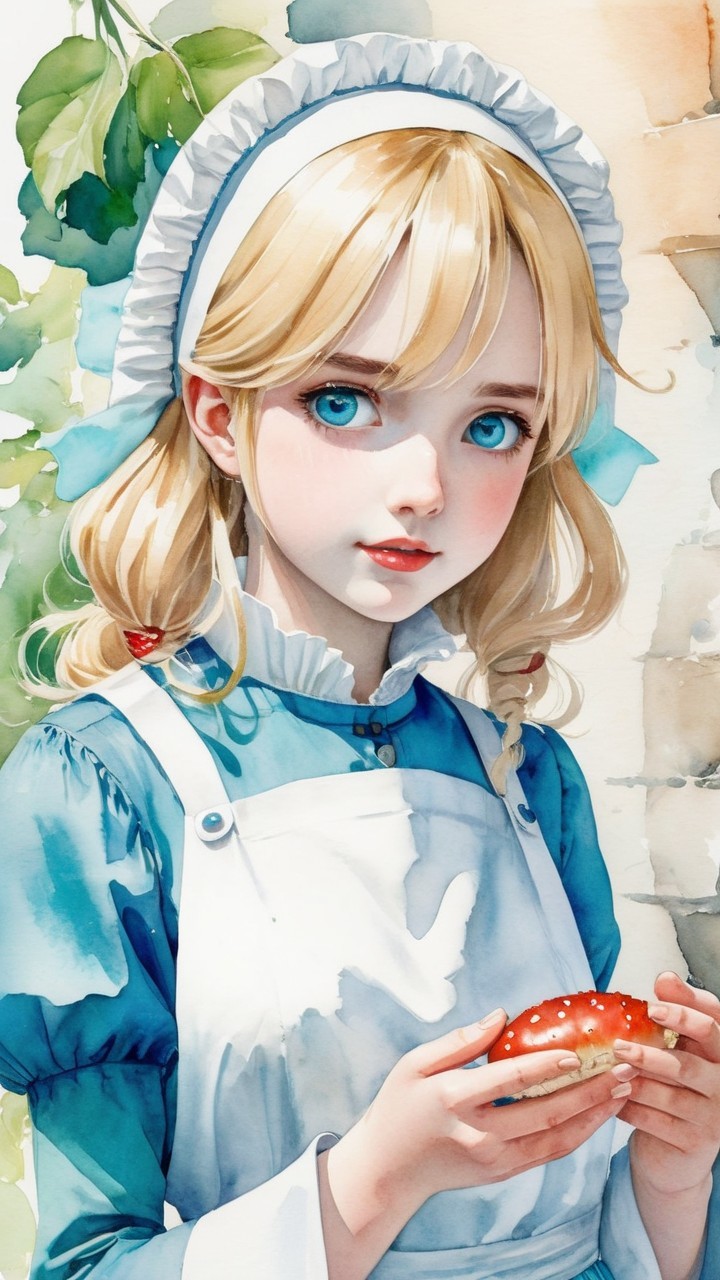 Young girl in vintage blue dress with mushroom