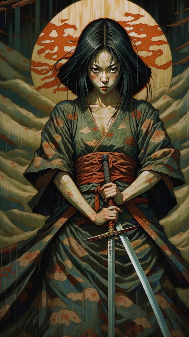 Fierce warrior in kimono with sword and fiery sun backdrop