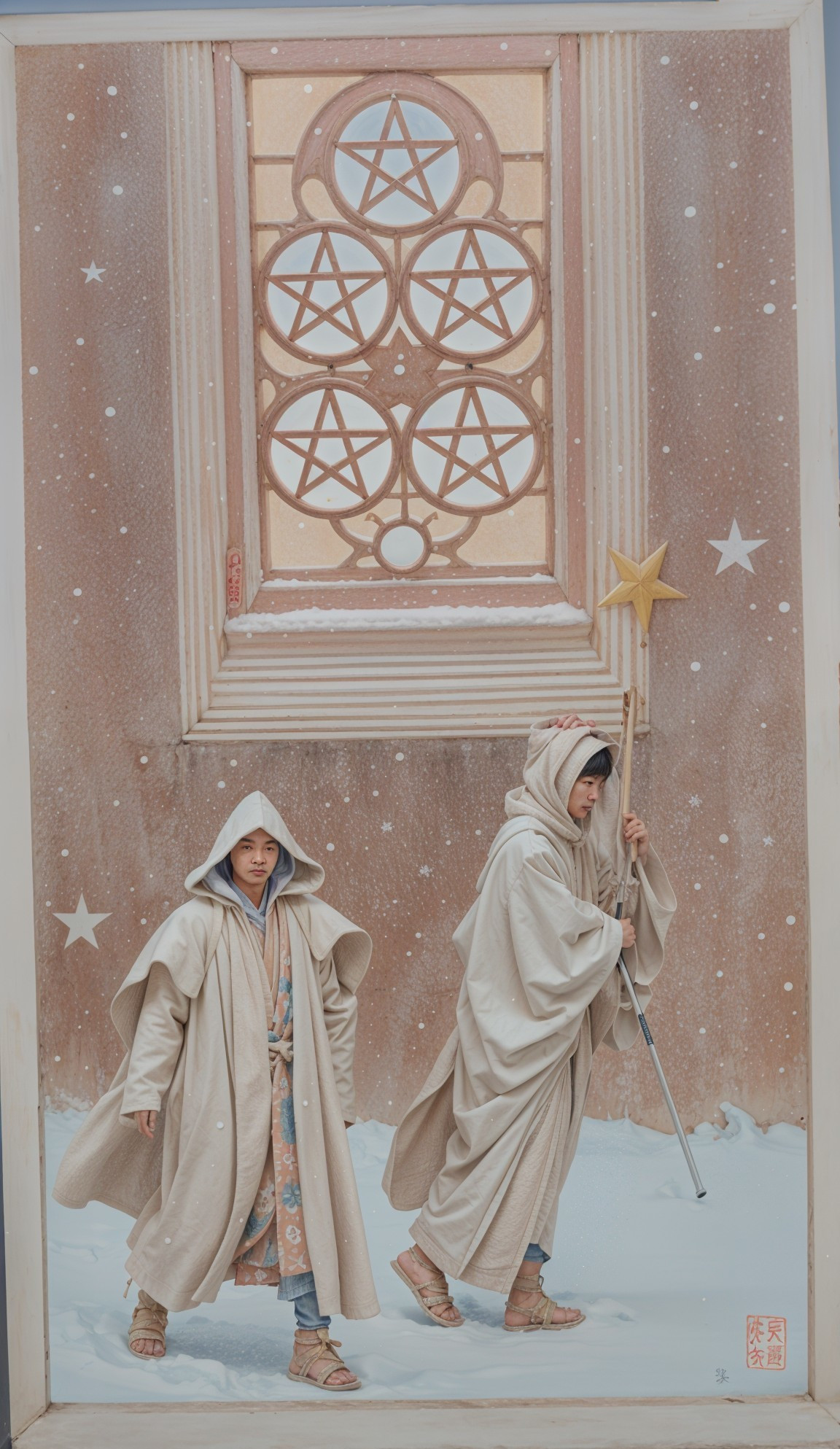 Figures in Robes in Snowy Landscape with Pentagrams