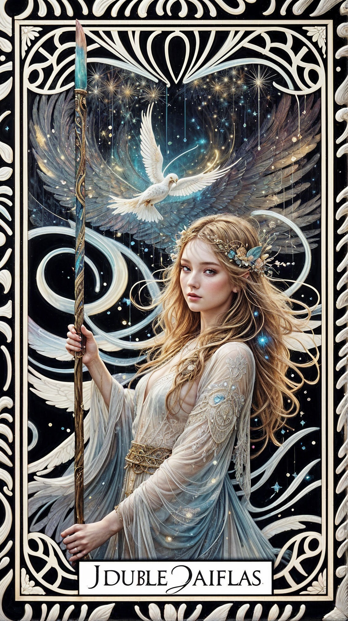Mystical Woman with Ornate Staff and Dove in Night Sky