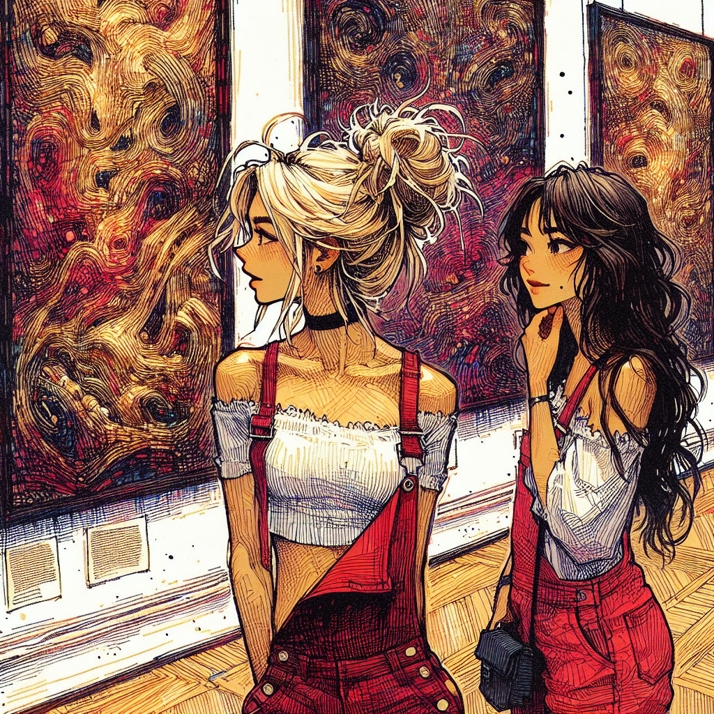 Young women admire abstract paintings in an art gallery