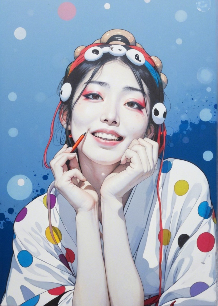 Young woman in colorful polka-dotted kimono with brush