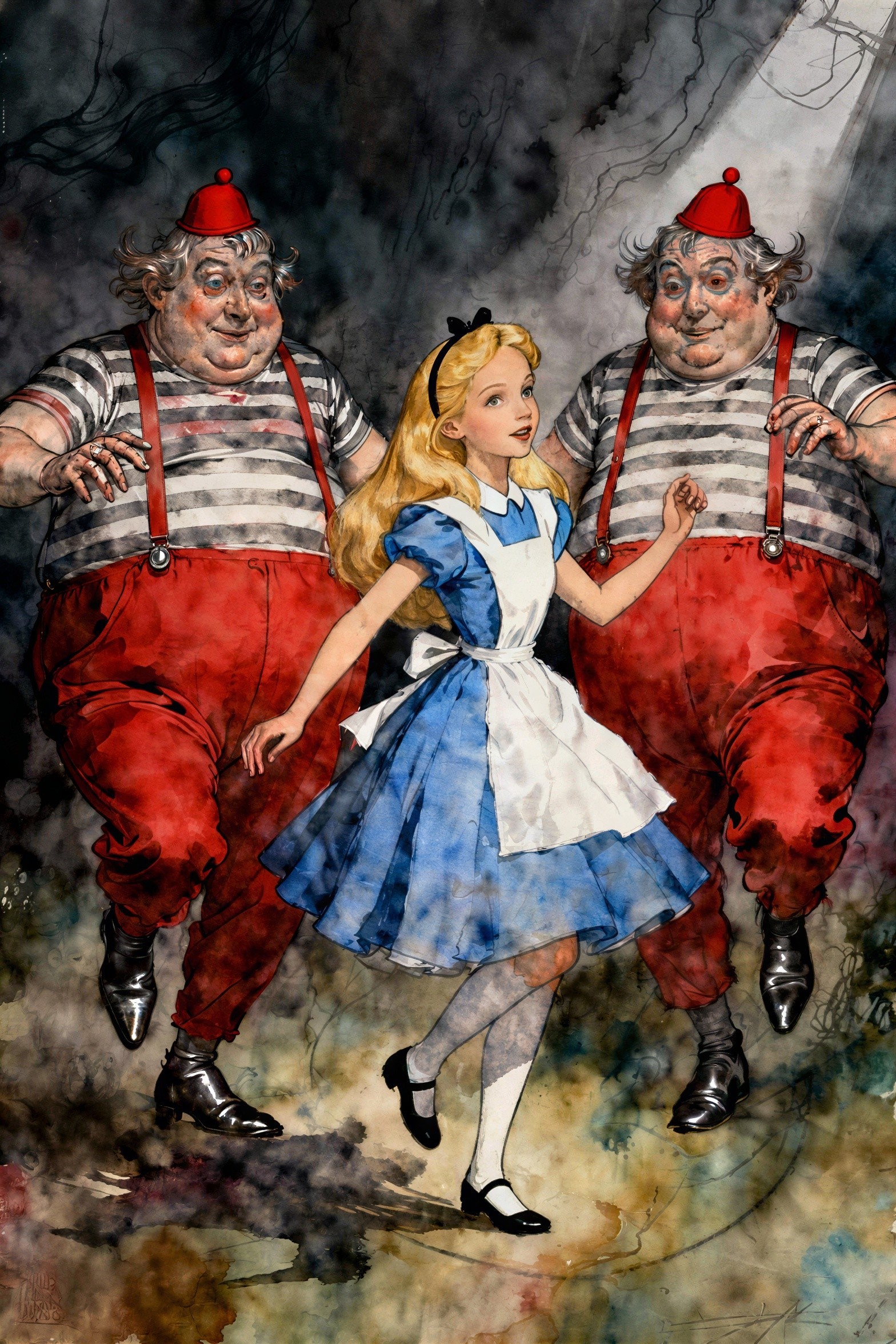 Watercolor Illustration of Alice with Tweedledee and Tweedledum
