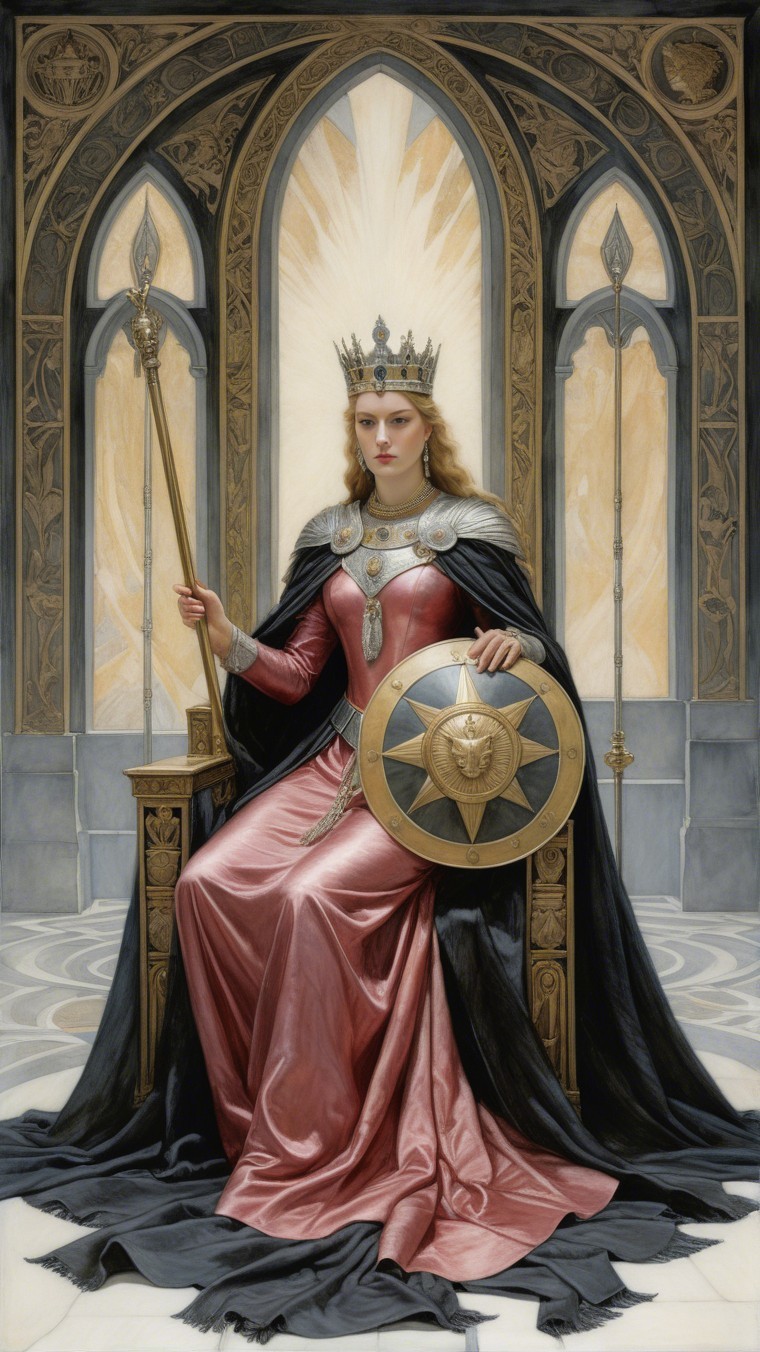Regal queen on ornate throne with shield and spear