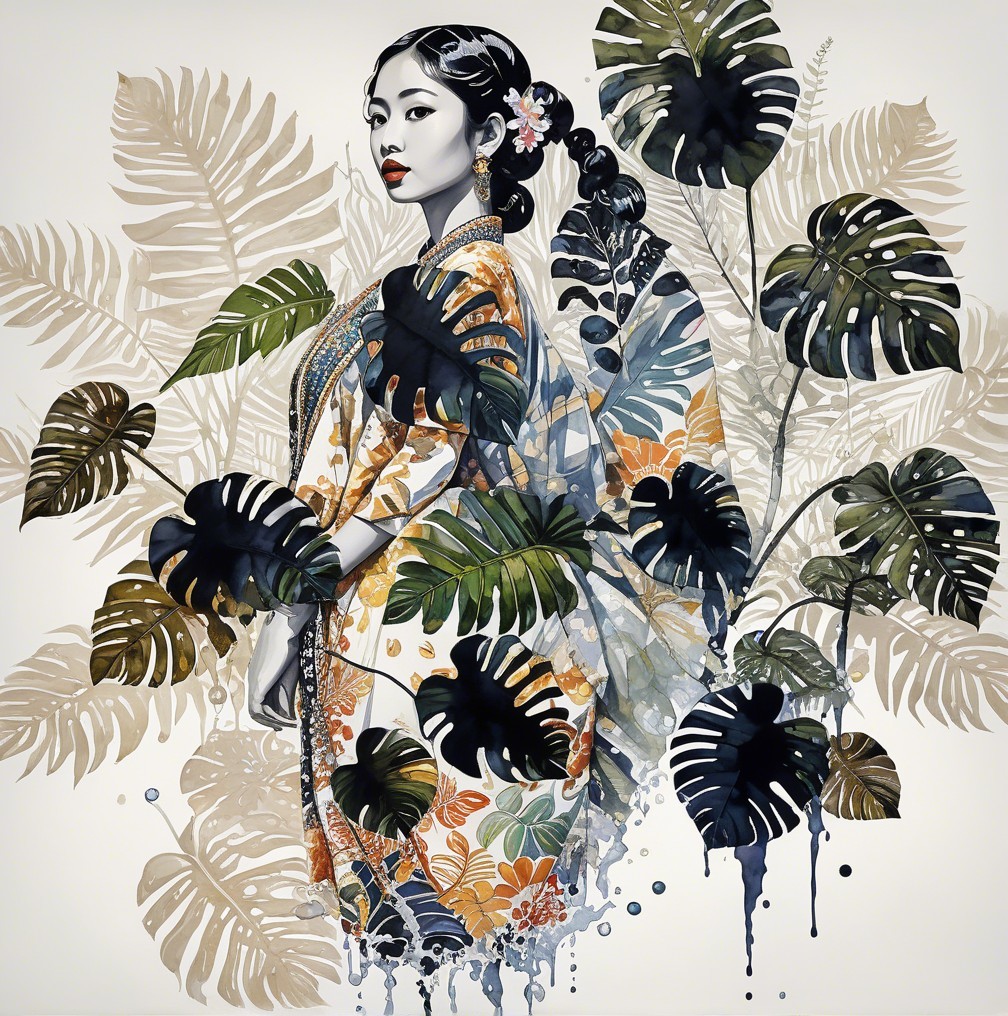 Woman in Traditional Garment Amid Tropical Foliage