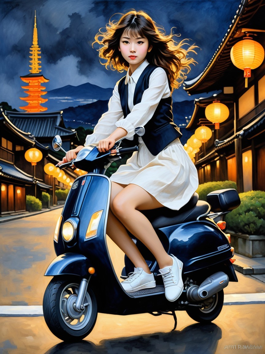 Young woman on blue scooter in lantern-lit street