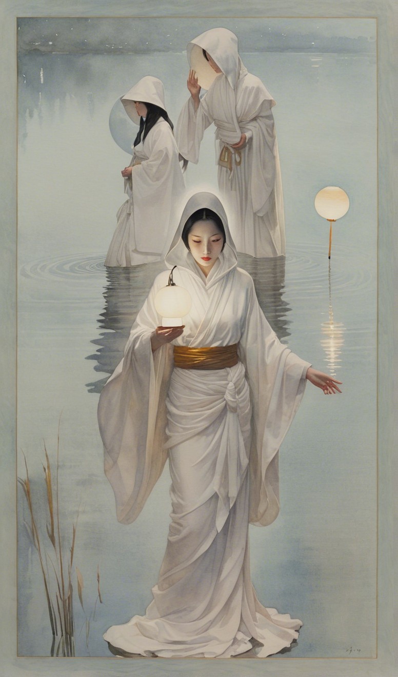 Three Figures in White Robes by Tranquil Water Scene