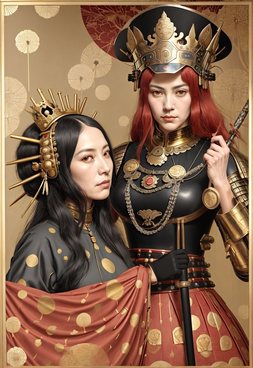 Stylized Asian armor: Two women in red and gold attire
