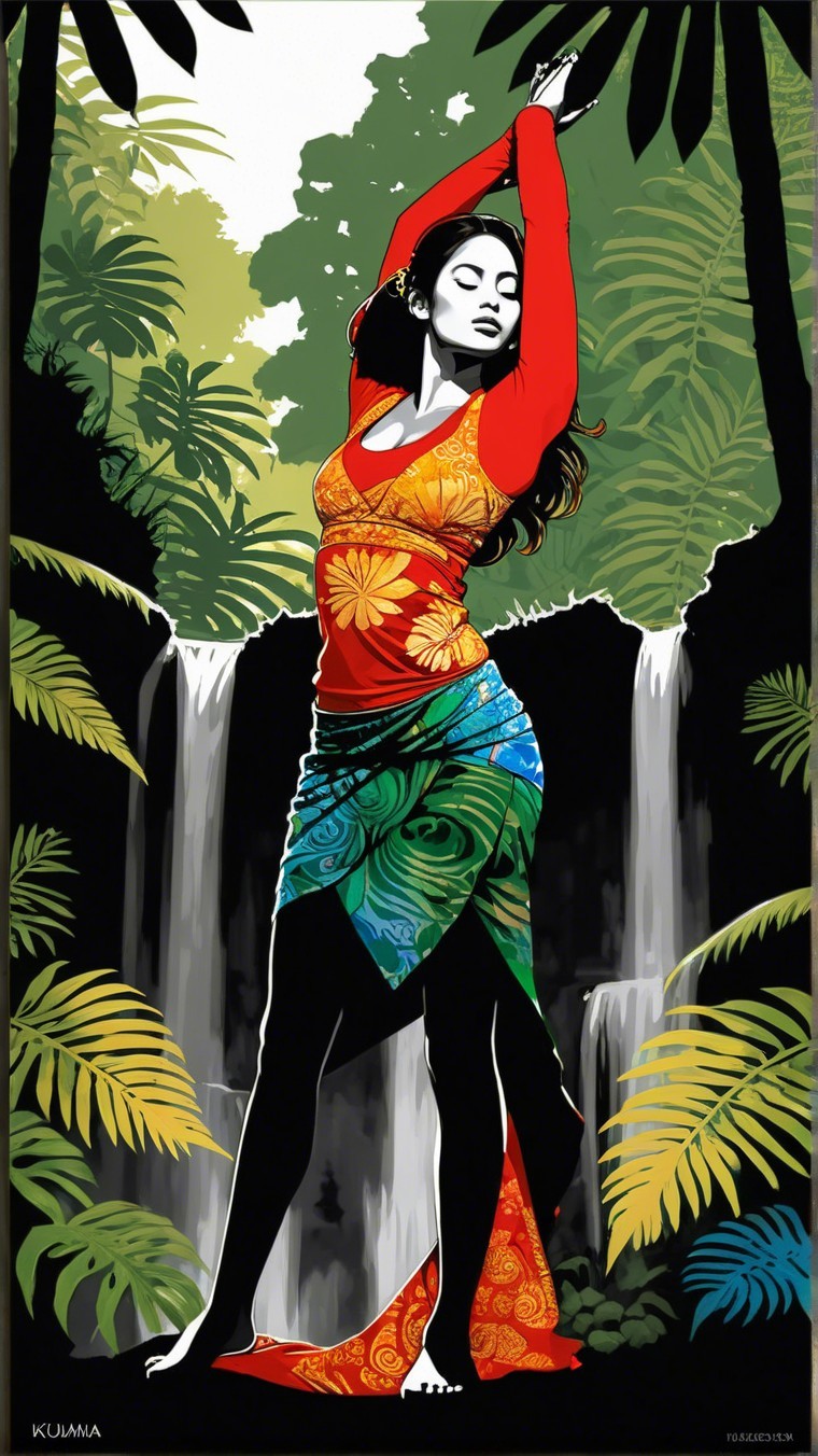 Silhouette of Woman Amidst Tropical Foliage and Waterfalls