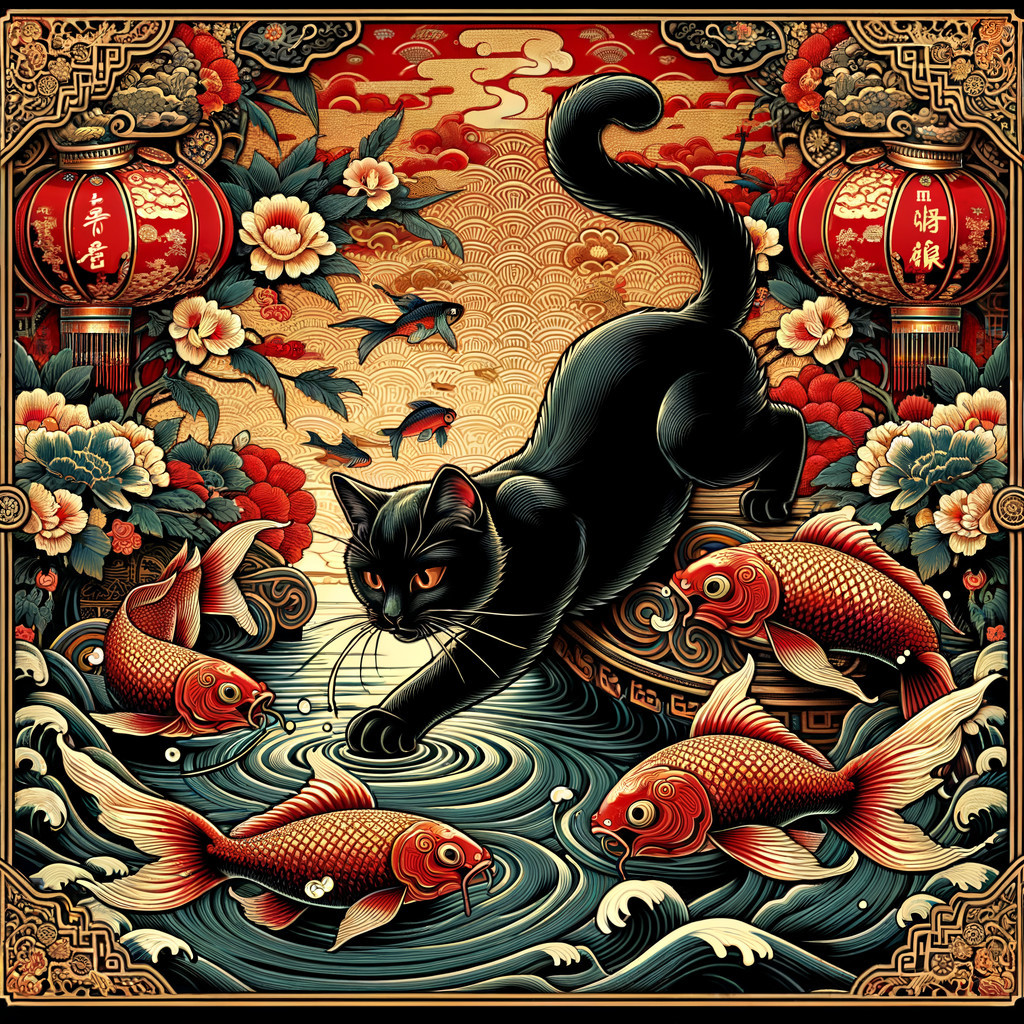 Black Cat Above Water with Goldfish and Floral Patterns