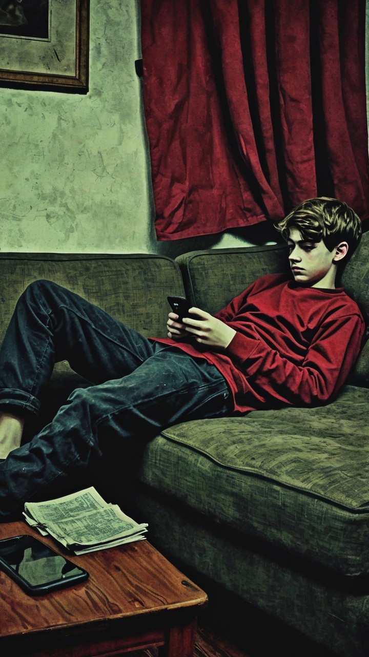 Young boy on couch using smartphone in moody setting