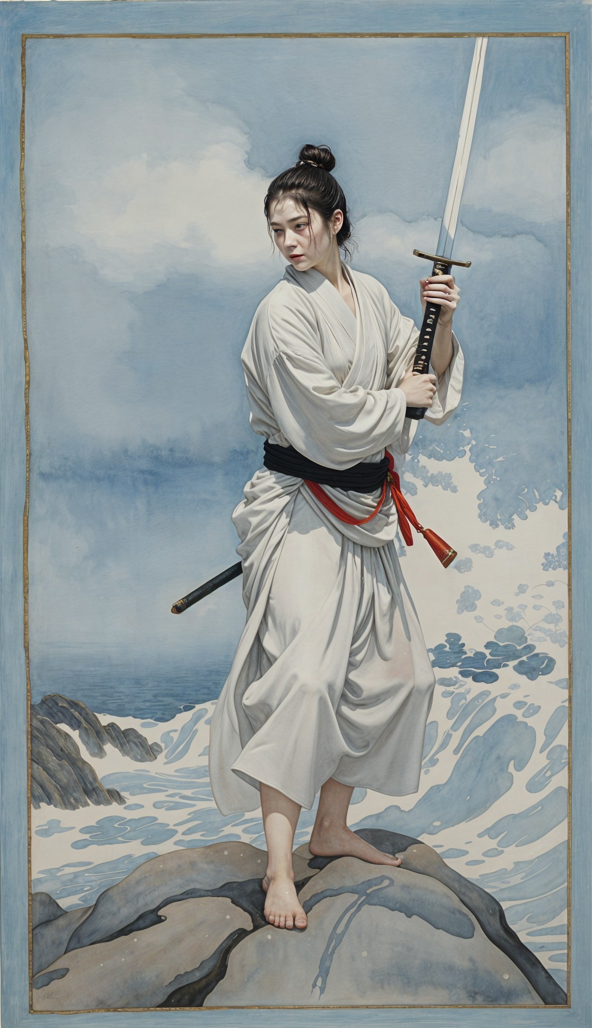 Lone Warrior in White Robes on Rocky Outcrop