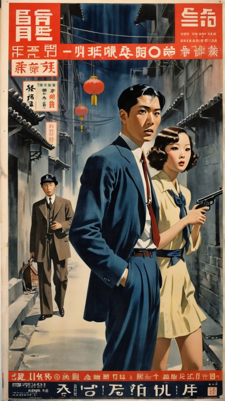 Vintage Film Poster in Dimly Lit Street Scene