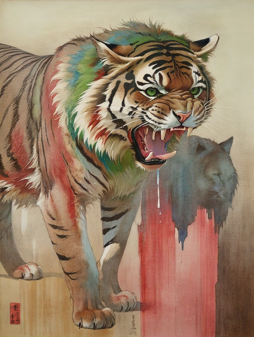 Vividly Illustrated Tiger with Rainbow Mane and Colors