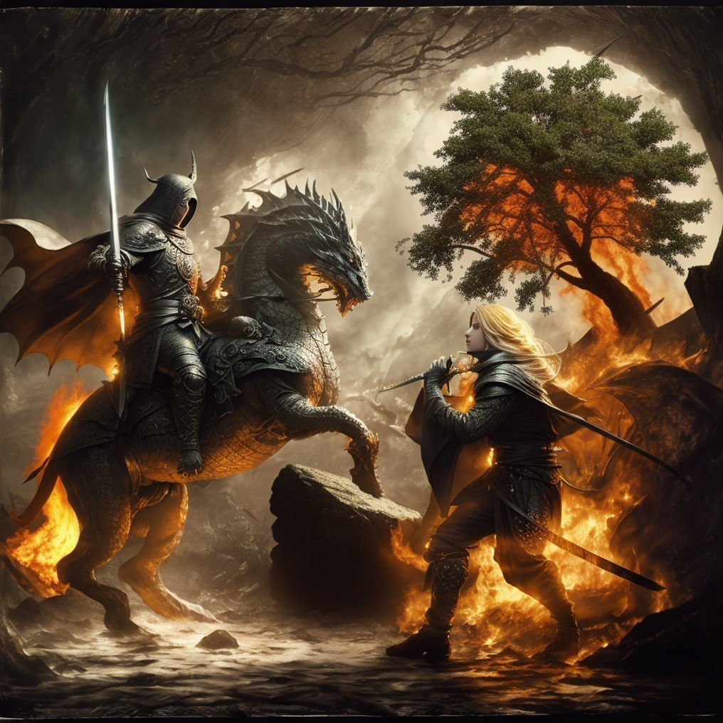 Epic Standoff Between Knight and Warrior in Fantasy Scene