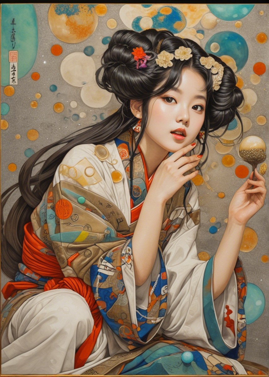 Young Woman in Traditional Kimono with Decorative Orb