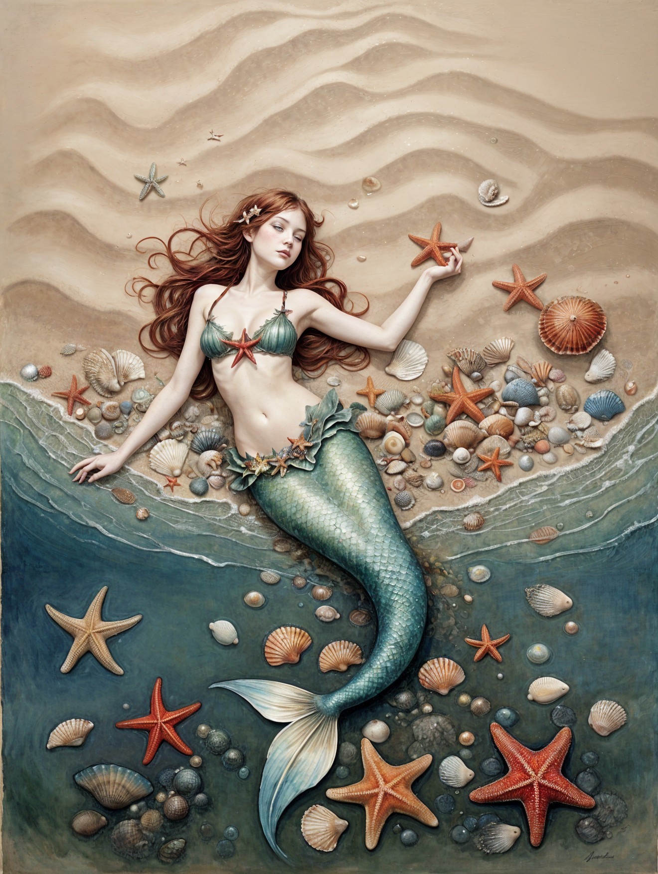 Mermaid on Ocean Floor with Seashells and Starfish