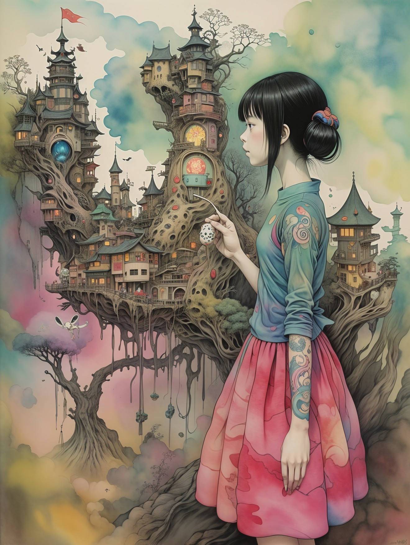 Young girl by whimsical treehouse village in pastels