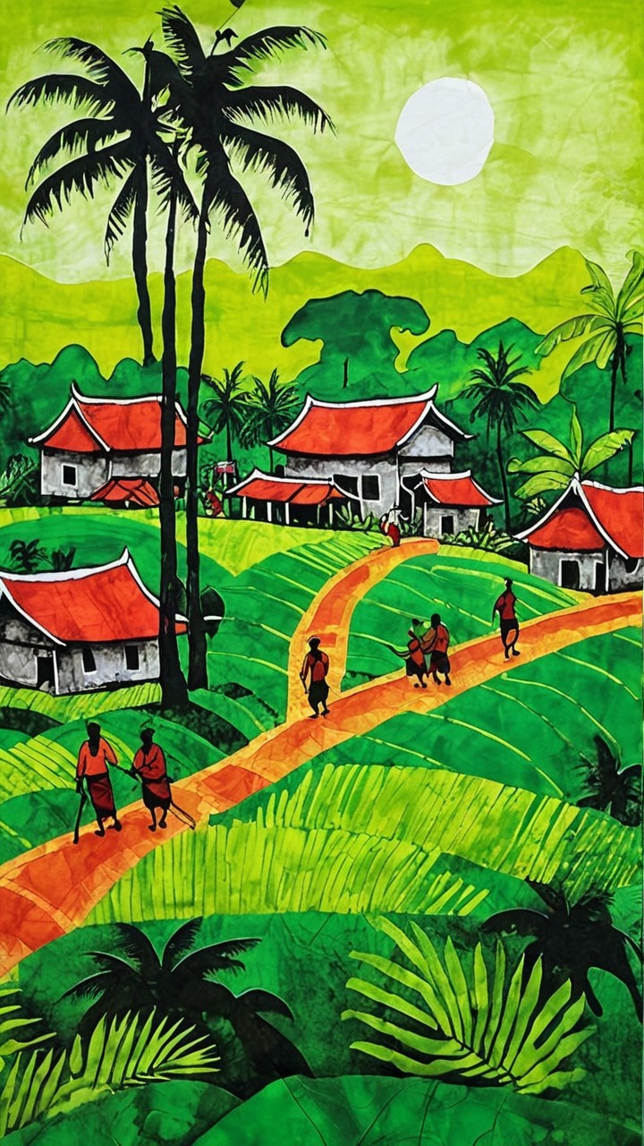 Tranquil Rural Landscape with Traditional Houses and Rice Fields