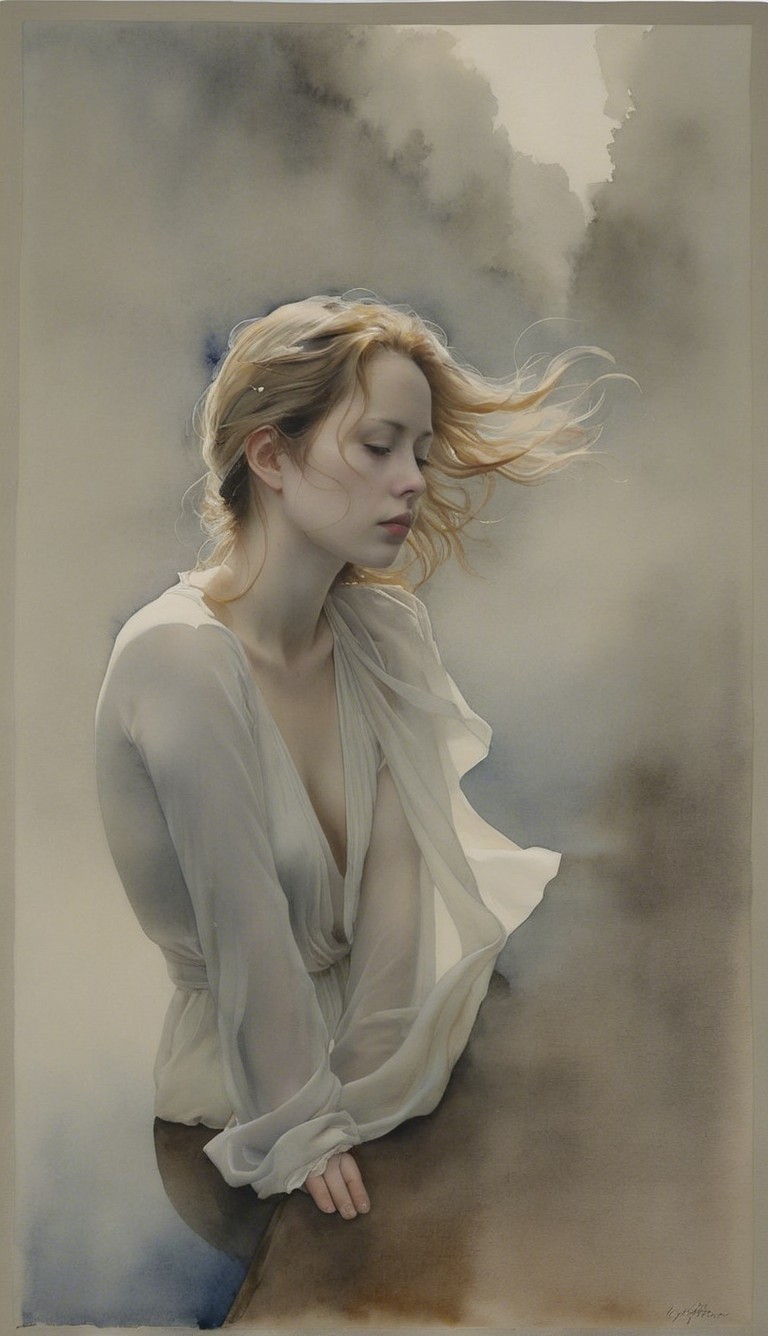 Watercolor Painting of a Thoughtful Young Woman