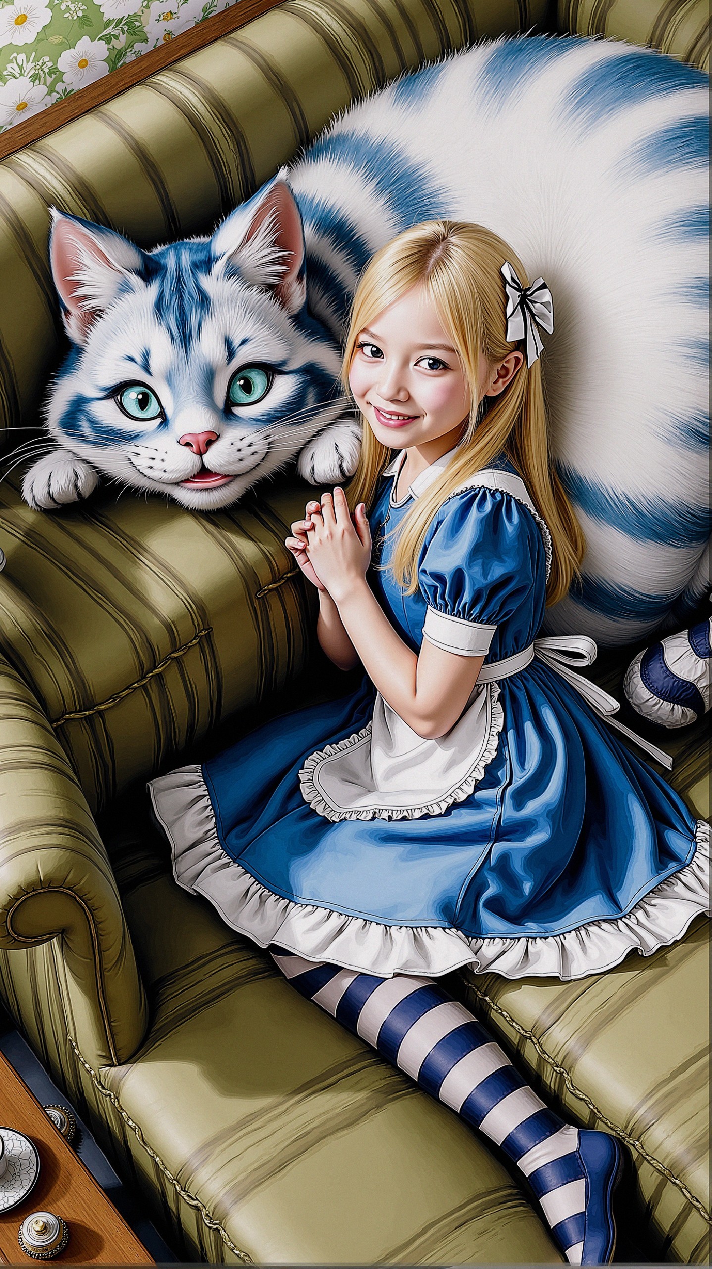 Whimsical Scene of Girl and Playful Striped Cat