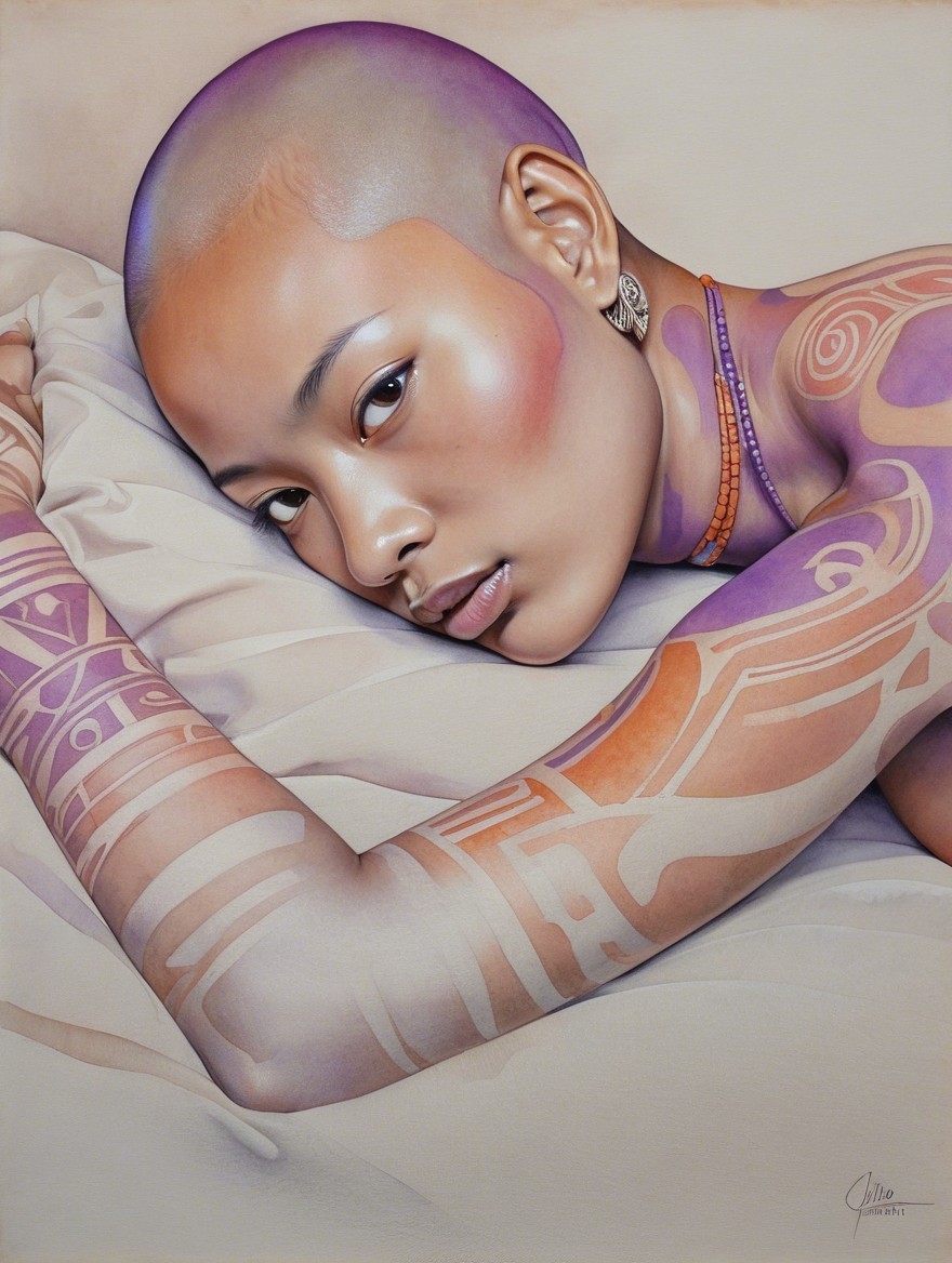 Portrait of a Serene Individual with Intricate Tattoos