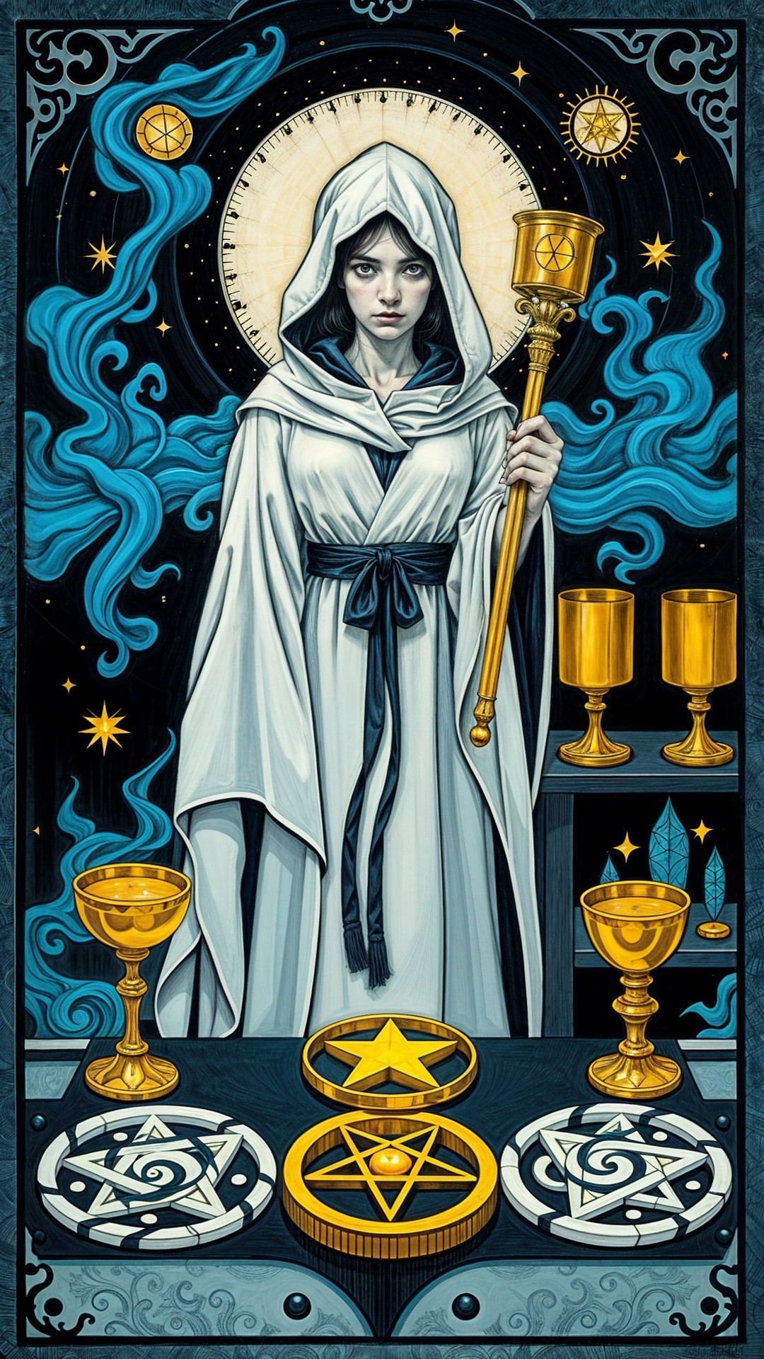 Mystical Figure in White Robes Surrounded by Symbols