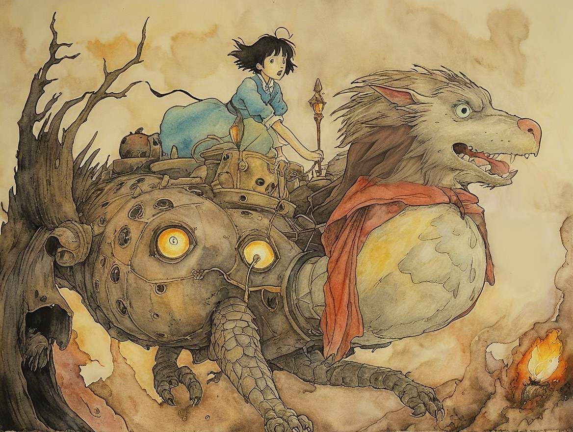 Girl in blue dress on mechanical wolf in dreamlike landscape