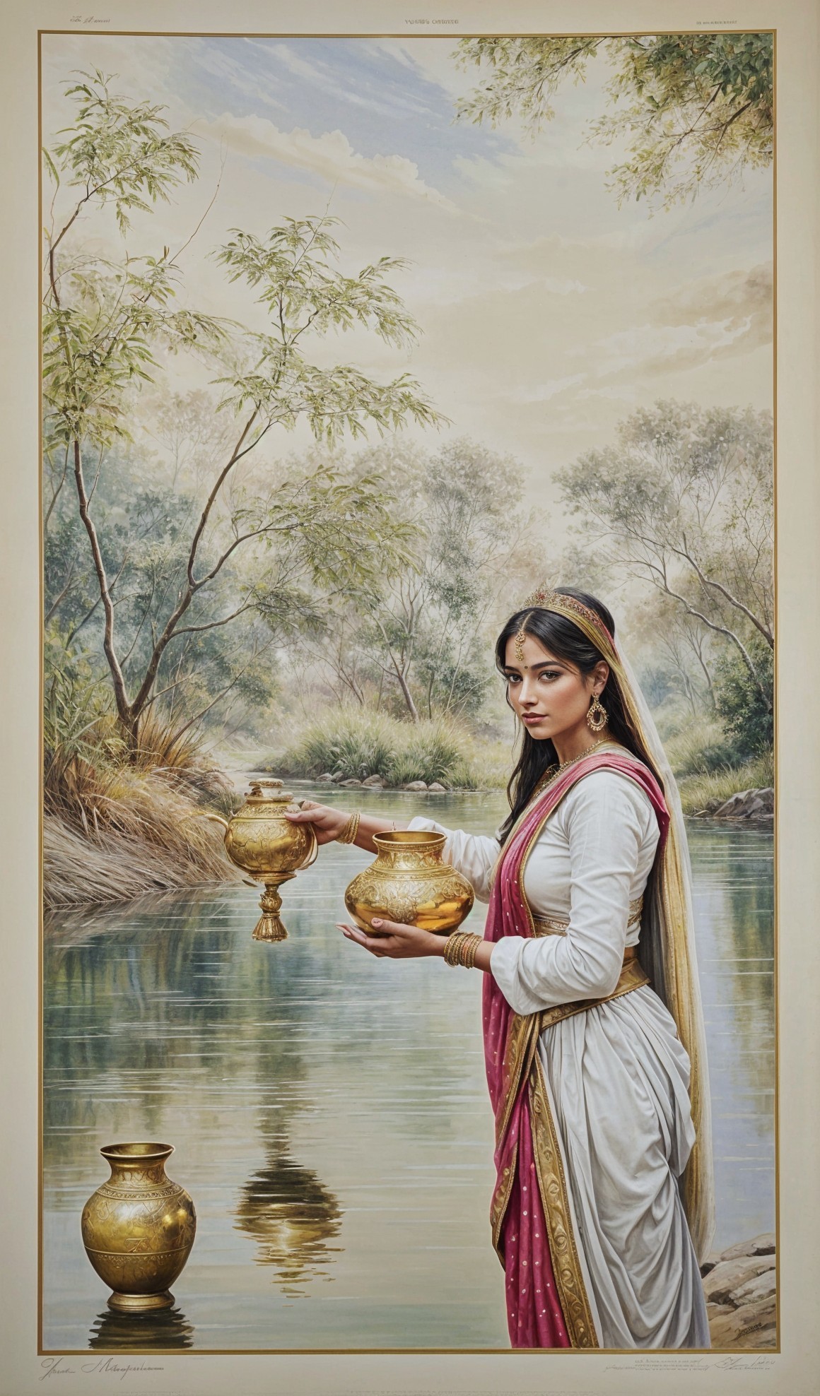 Serene Landscape with Woman by Calm River and Pots