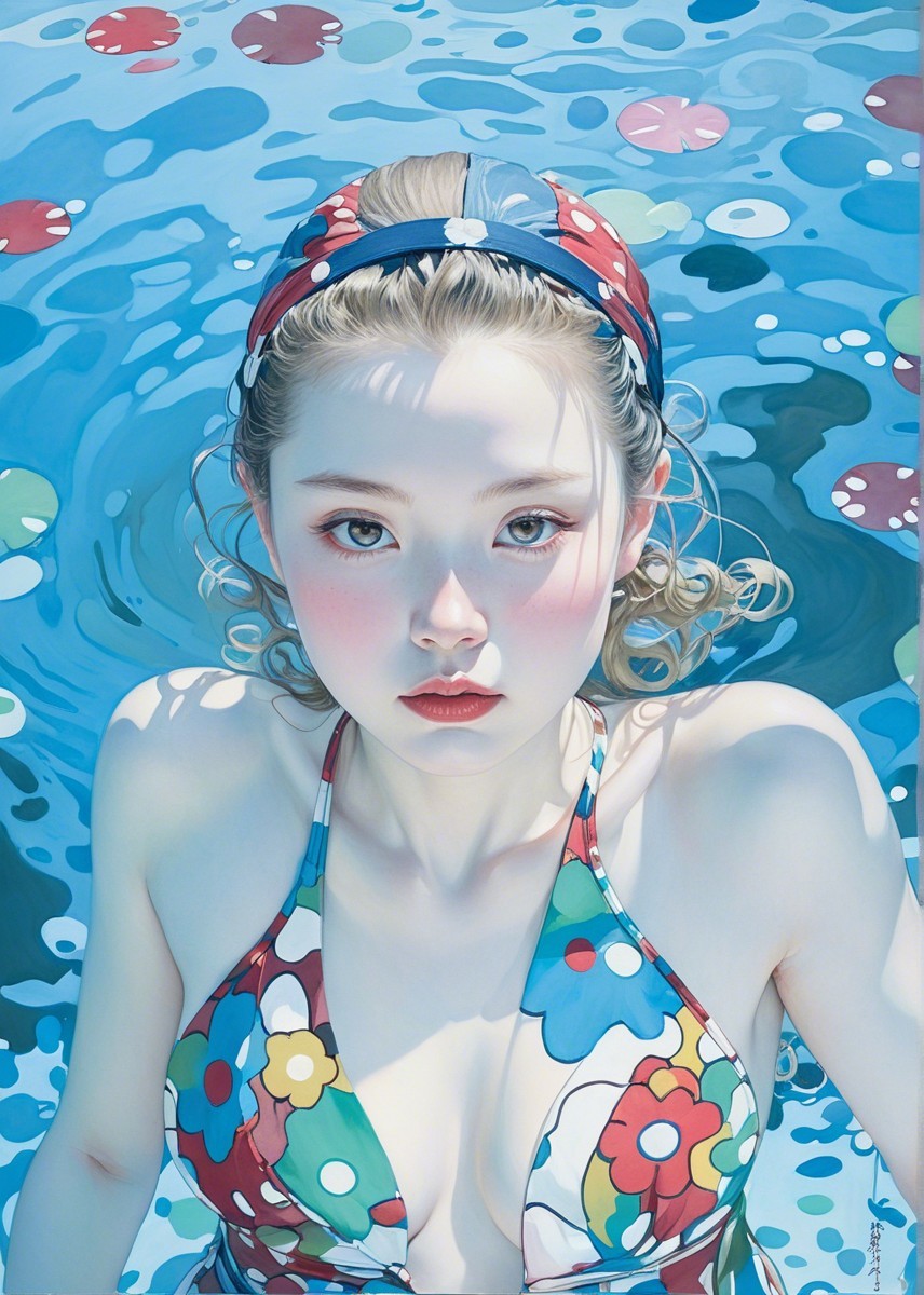 Young woman in floral swimsuit in vibrant blue pool