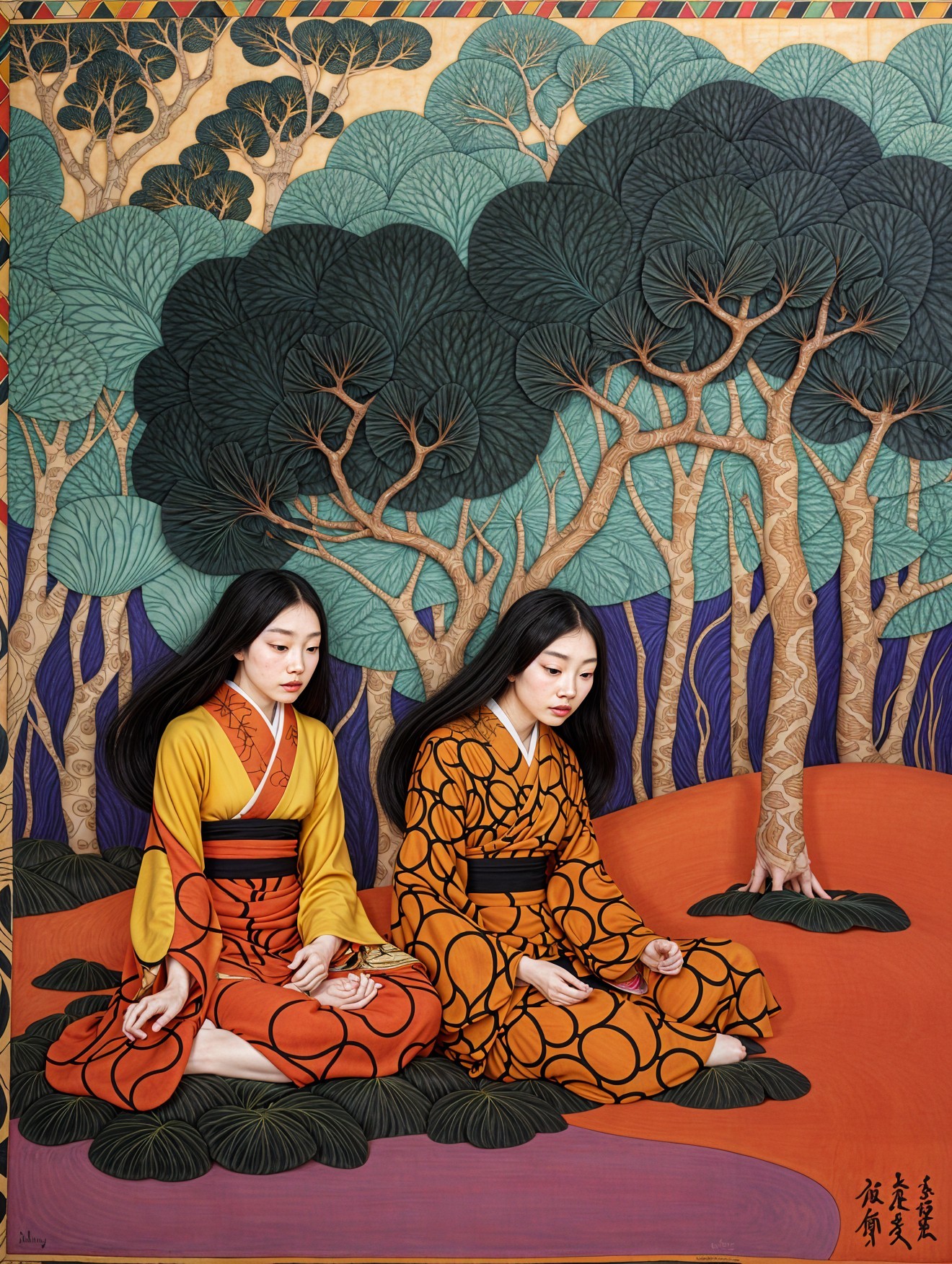 Traditional Kimonos in Whimsical Landscape Art