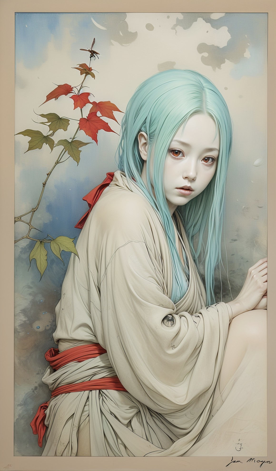 Young Woman with Blue Hair in Beige Kimono and Leaves