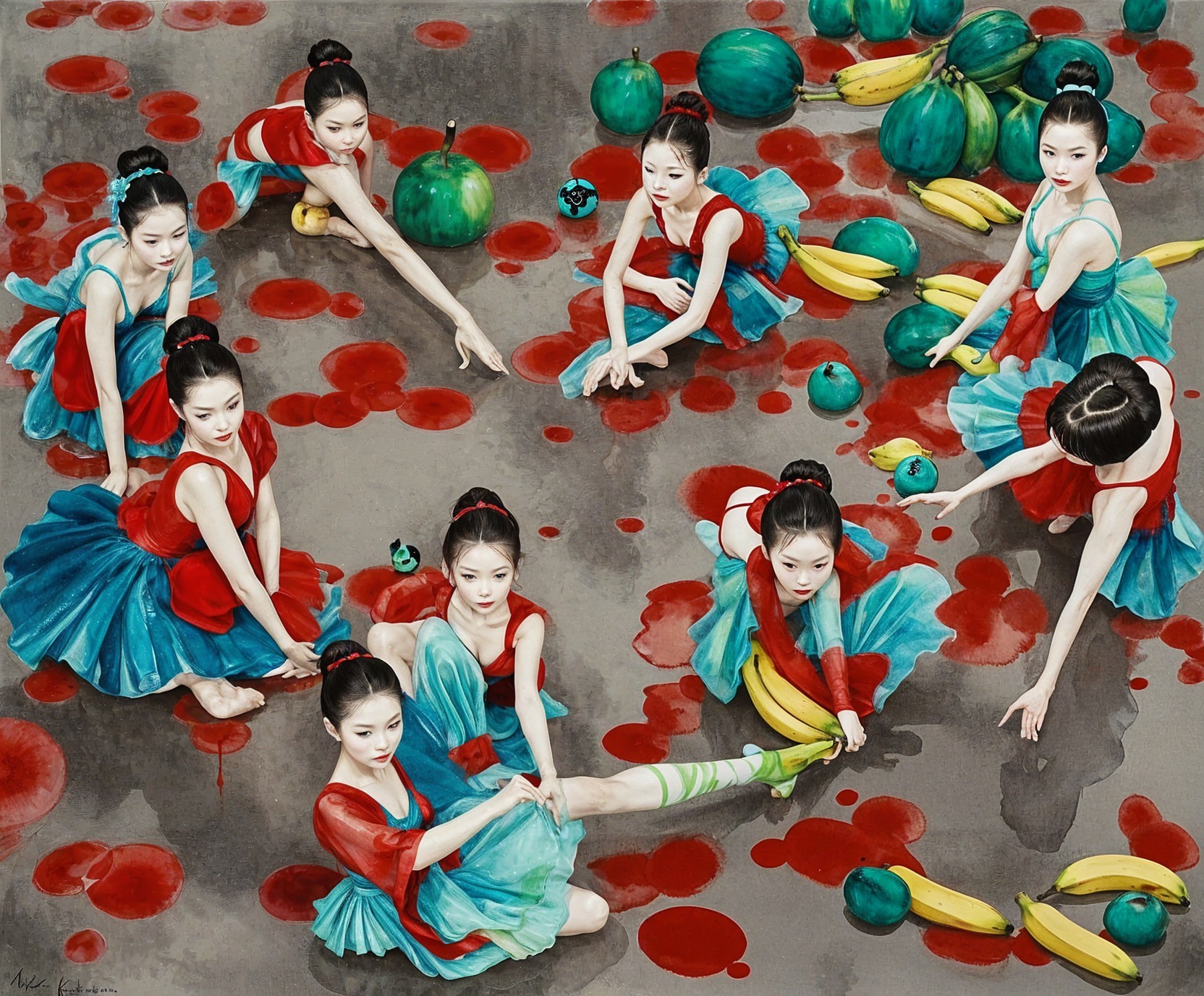Ballerinas in Colorful Tutus Amid Surreal Fruit Scene