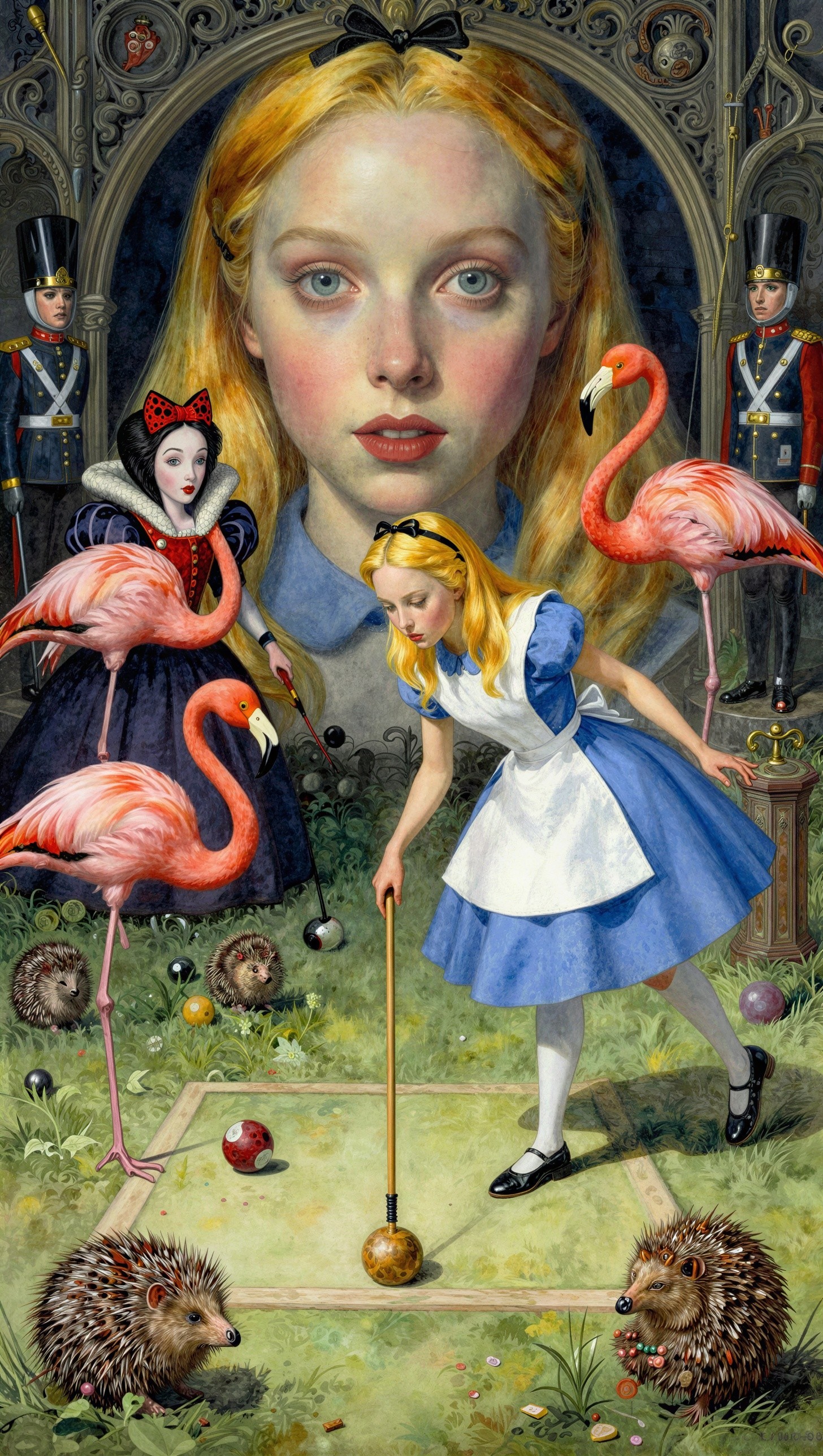 Detailed Painting of Alice in Wonderland Croquet Scene
