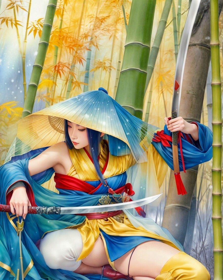 Warrior woman in kimono among glowing bamboo stalks