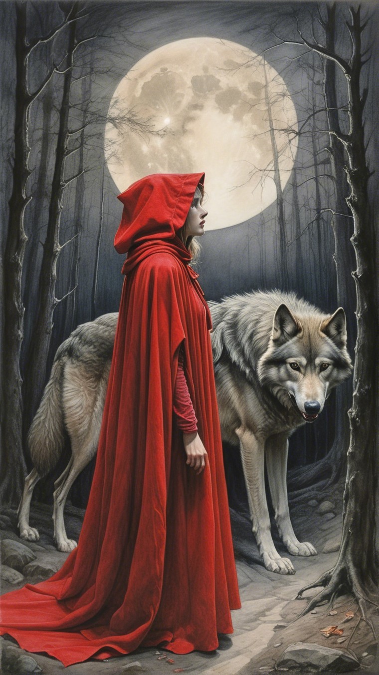 Girl in Red Cloak and Wolf Under Full Moon in Forest