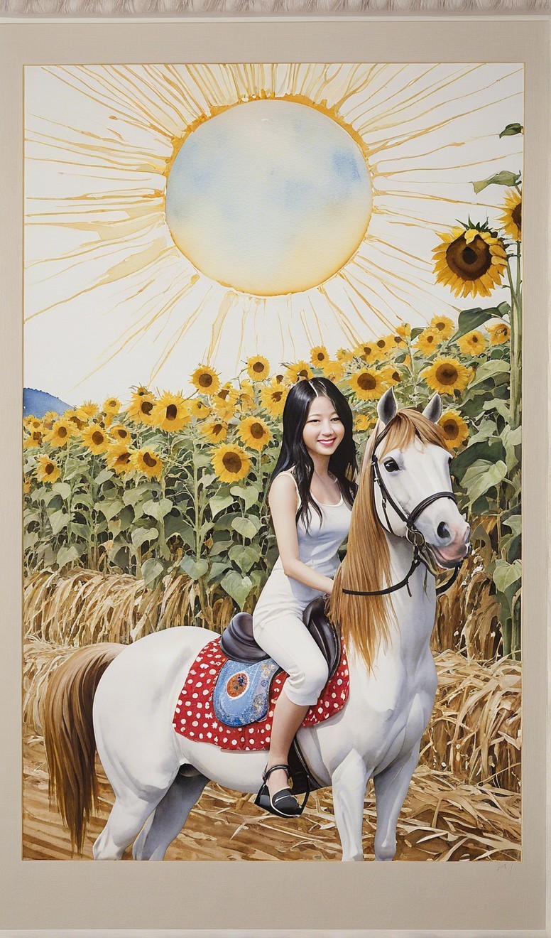 Young Woman on White Horse in Sunflower Field