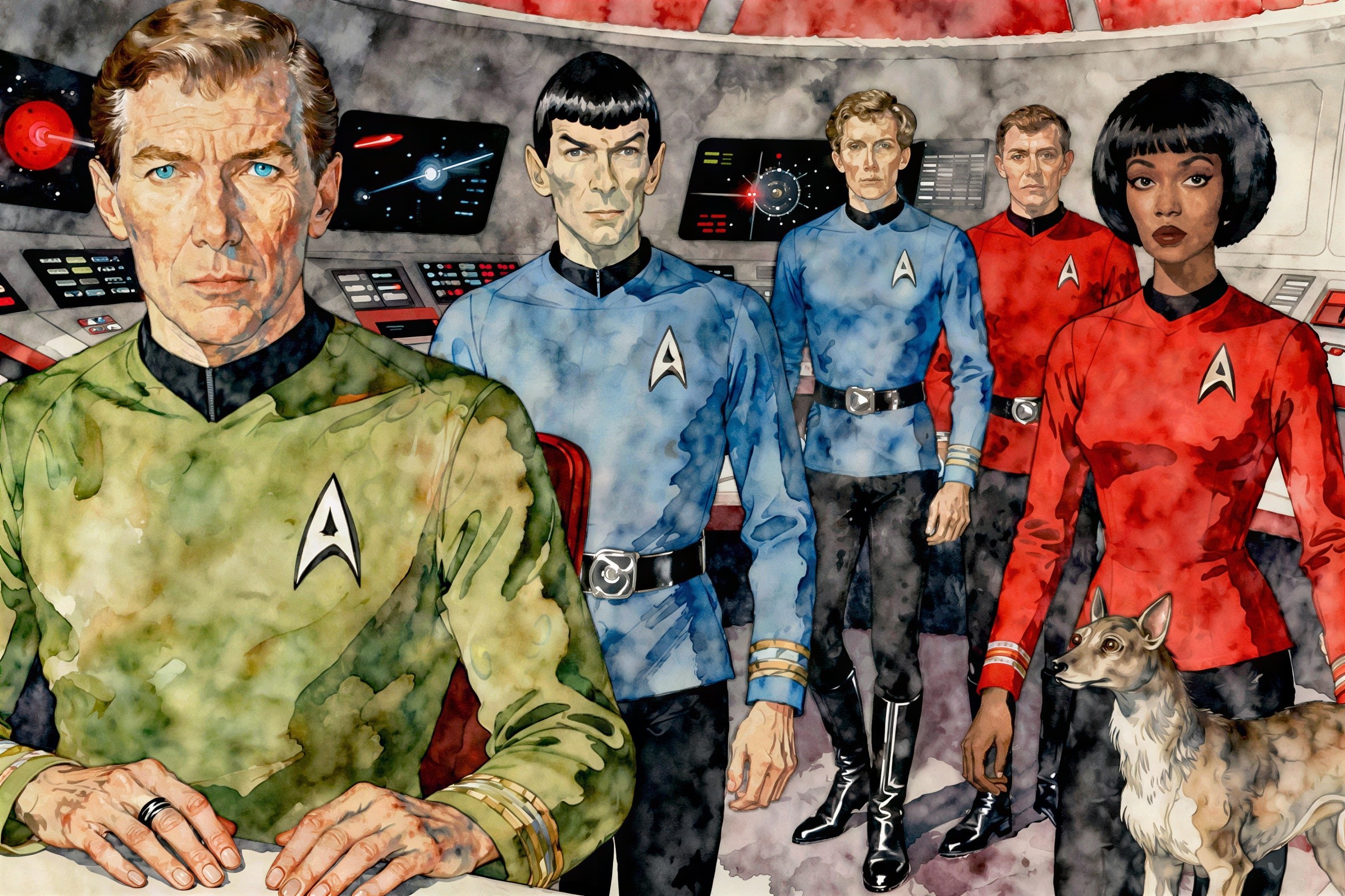 Watercolor depiction of Star Trek cast in spaceship
