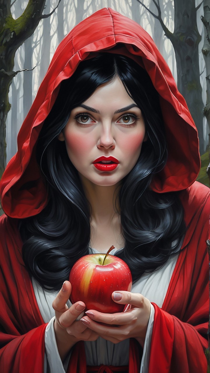 Woman in red cloak holding apple in enchanted forest