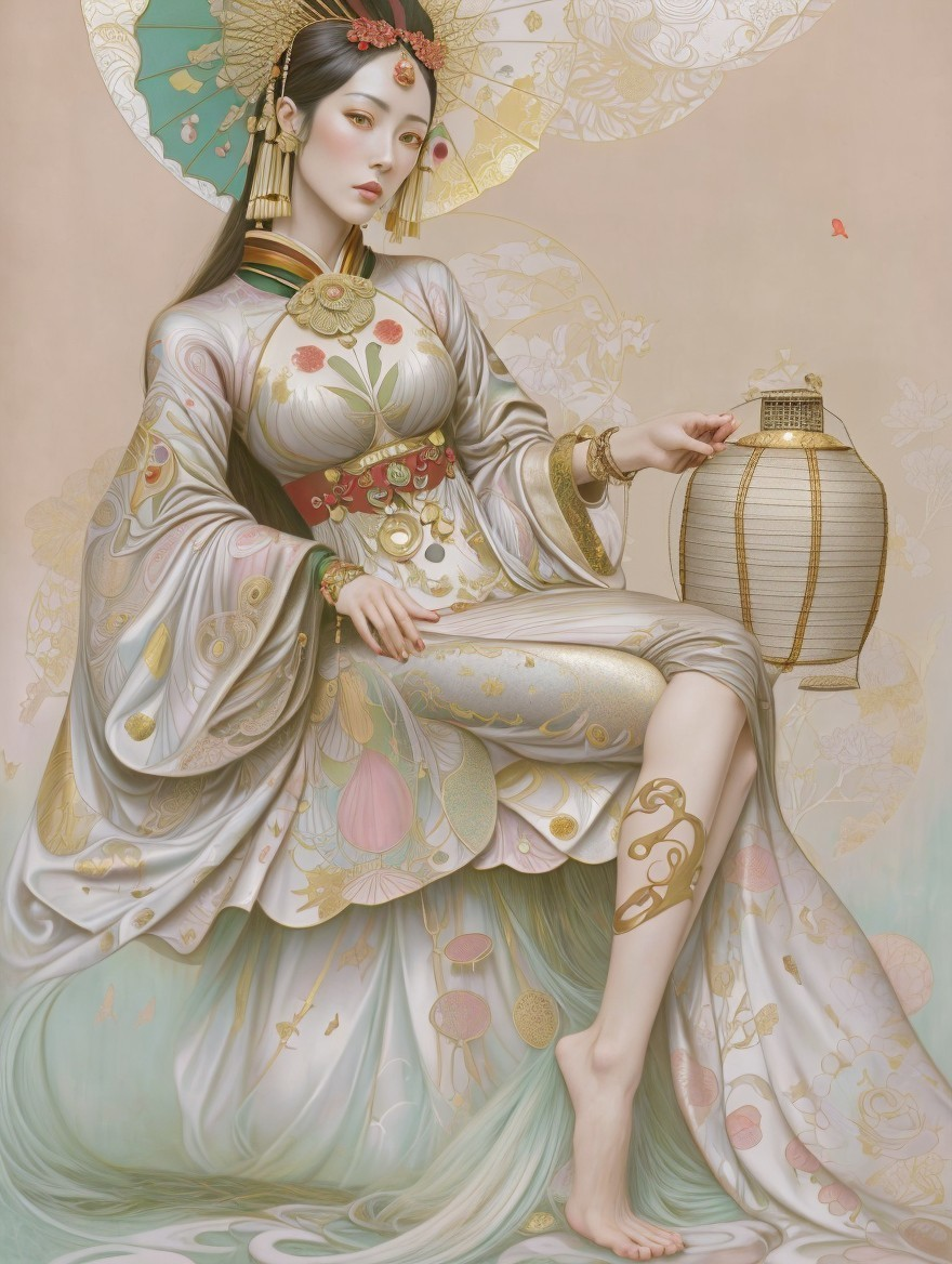 Serene Figure in Elaborate Kimono with Lantern