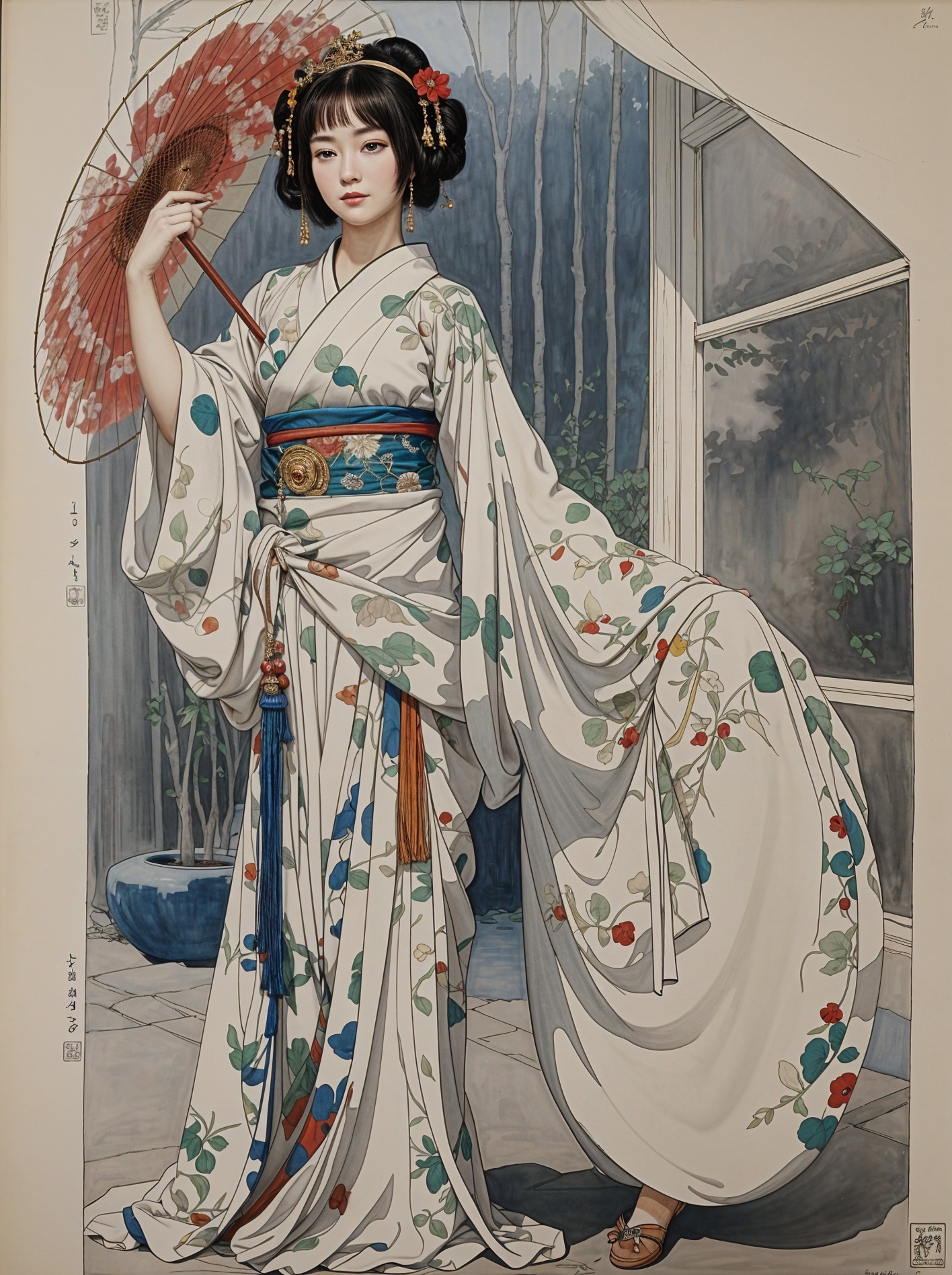 Detailed Illustration of Young East Asian Girl in Kimono