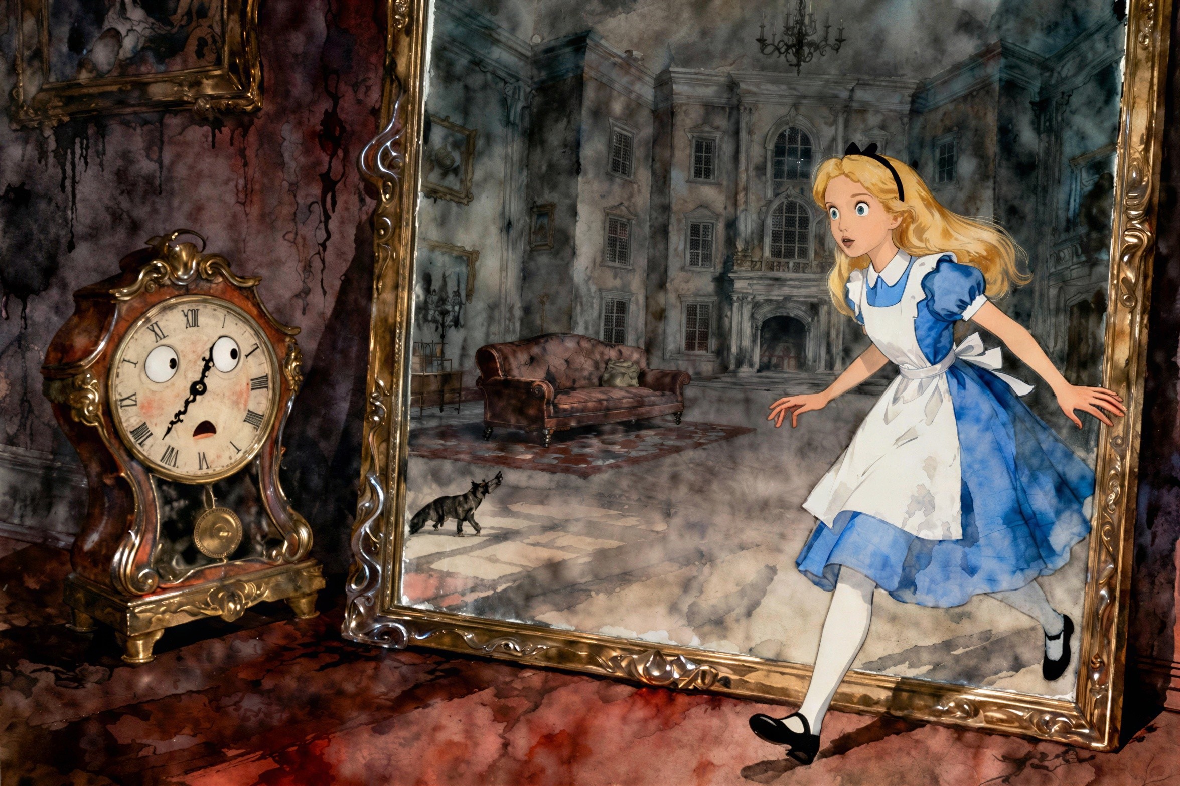 Watercolor Painting of Alice in Wonderland Exiting a Mirror